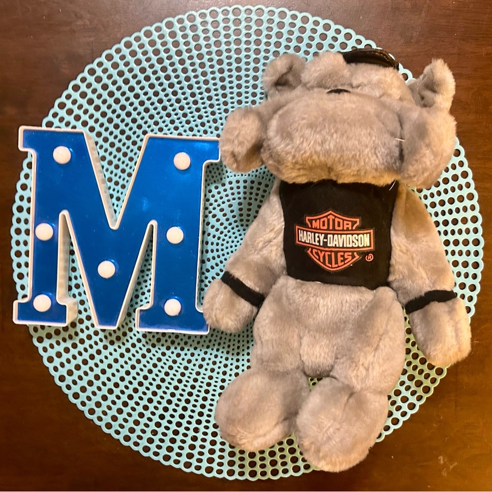 Vintage 1993 Harley Davidson Grey Bulldog 13” Plush Animal With Shirt and Hat.